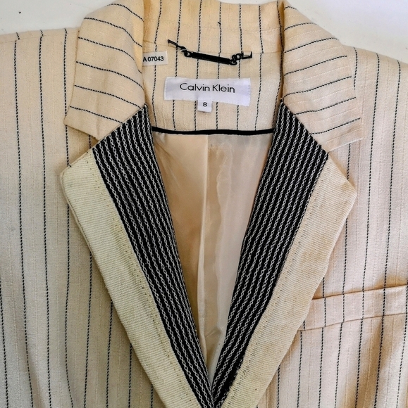 90s Vintage Calvin Klein pinstripe distressed Upcycled Linen-like blazer jacket - Picture 11 of 13